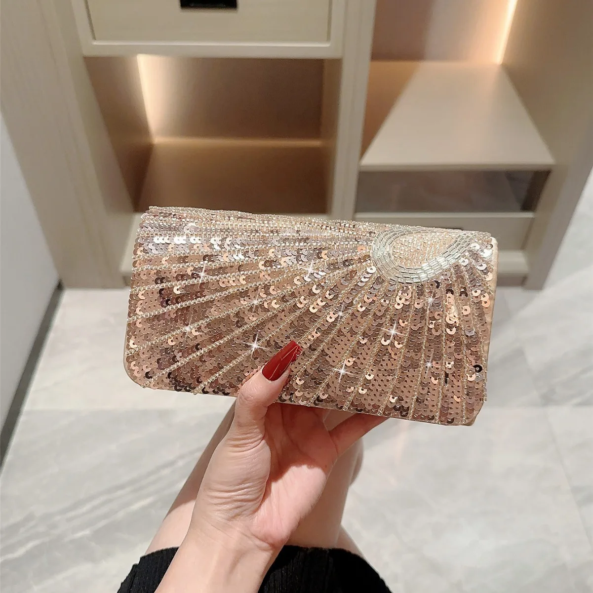 Vintage Champagne Gold Sequin Evening Bag with Chain Shoulder Bag Wedding Party Clutches For Women Fashion Prom Small Handbag