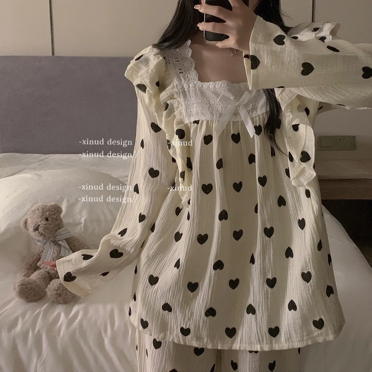 Heart Print Sleepwear Women Pajama Sets Square Collar Pants Sets 2 Pieces Piiama Korean Sleeping Full Sleeve Sping Night Wears