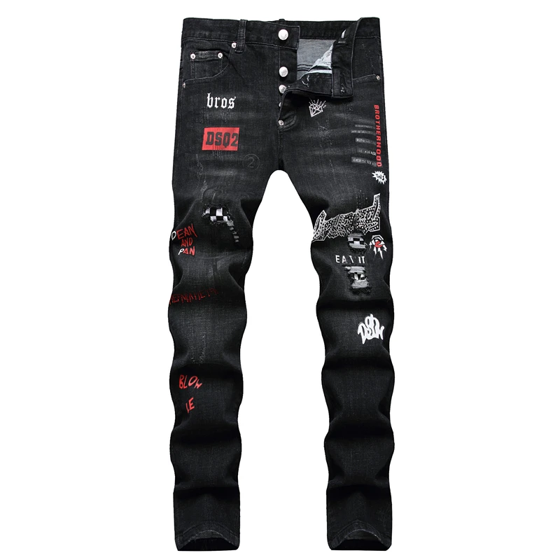 Black Digital Print Fashion Ripped Jeans Letter Embroidery Pressed Drill Mid-Waist Casual Denim Pants