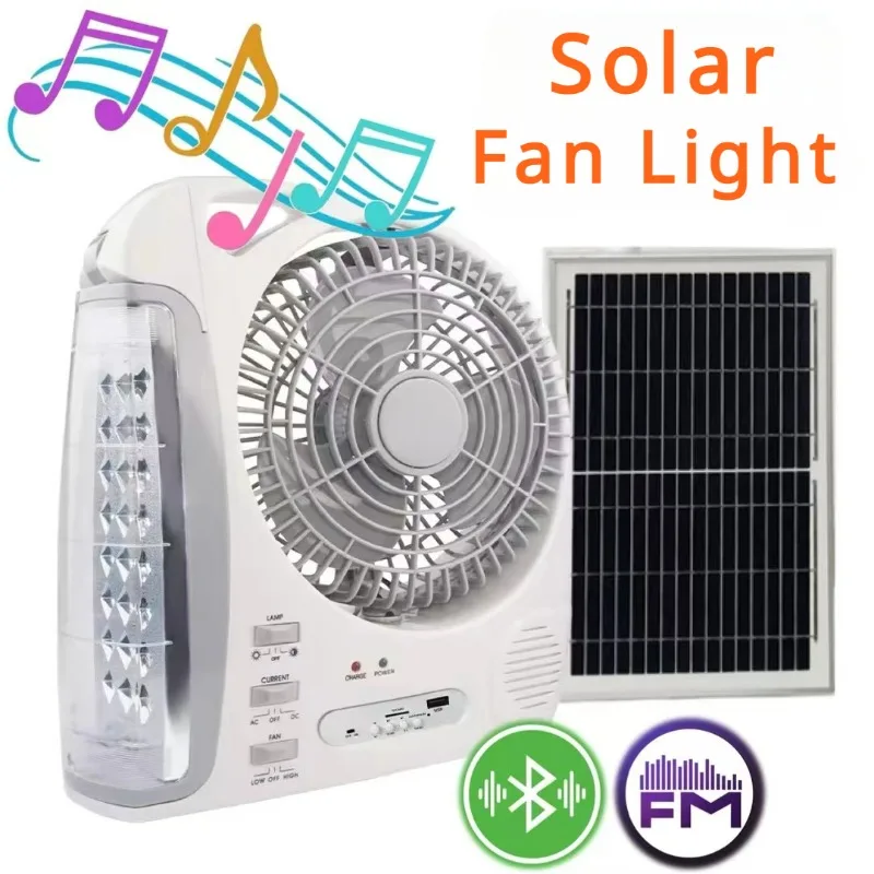 

Solar Fan Light with Bluetooth FM Radio USB Power Bank Outdoor Camping Portable Electric Fan Emergency Lighting Night Light