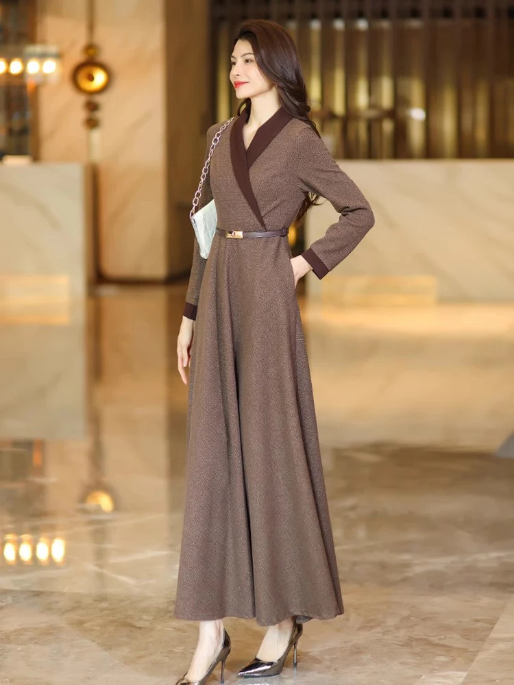 New Women Spring Autumn Long Dress Fashion V-Neck Long Sleeve Slim Waist Thick Dress Elegant High Waist Coffee Overlength Dress