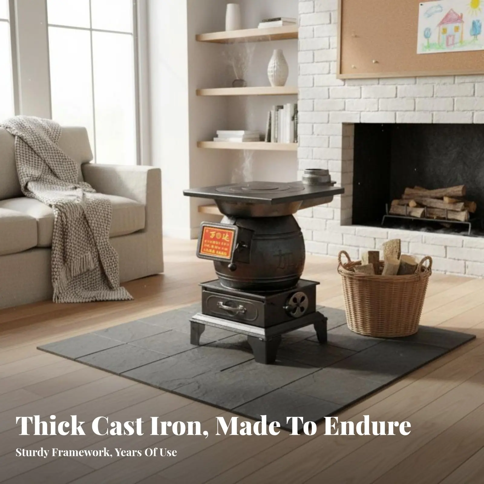 Cast Iron Heating Stove, Smokeless Wood Burner, Indoor Fireplace, Rural Home Heater, Thickened Construction