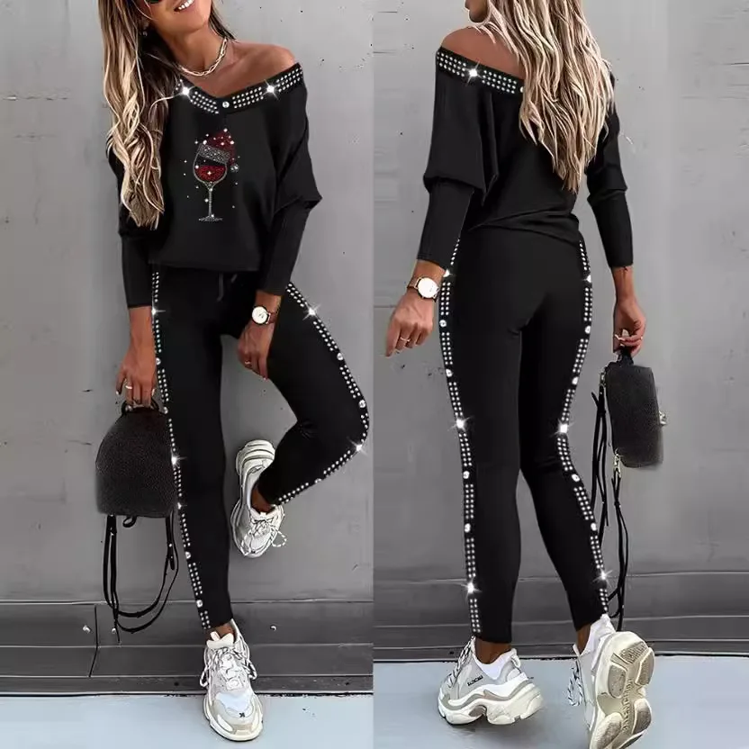 

Pant Set Women Two Piece Sets V Neck Matching Sets Hot Drilling Tops Long Pants Y2k Streetwear Elegant High Waist Work 2025