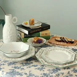 Underglaze British octagonal hand-painted green edged Western style plate, multilateral plate, steak plate, separate dish