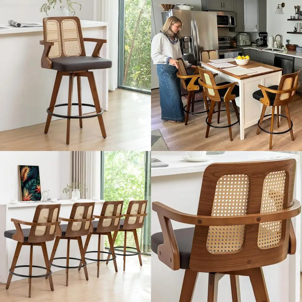 27 مقعد مرتفع دوار من خشب الجوز مع مقعد منجد، ظهر قصب، أذرع منحنية، جلد صناعي