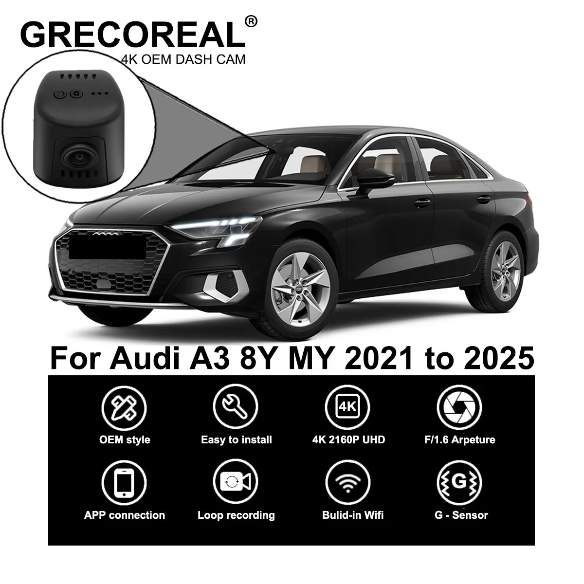 GRECOREAL 4K Dash Cam vorne und hinten 2160P WiFi Auto Dual Dashcam APP Steuerung einfache Installation Plug Play kompatibel mit Audi A3 8Y