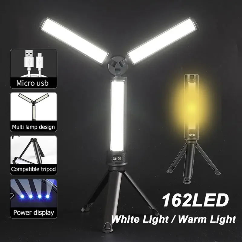 

Foldable 162LED Work Light Rechargeable Camping Flashlight 3 Colors Dimming 15 Modes Portable Outdoor Emergency Lamp With Stand