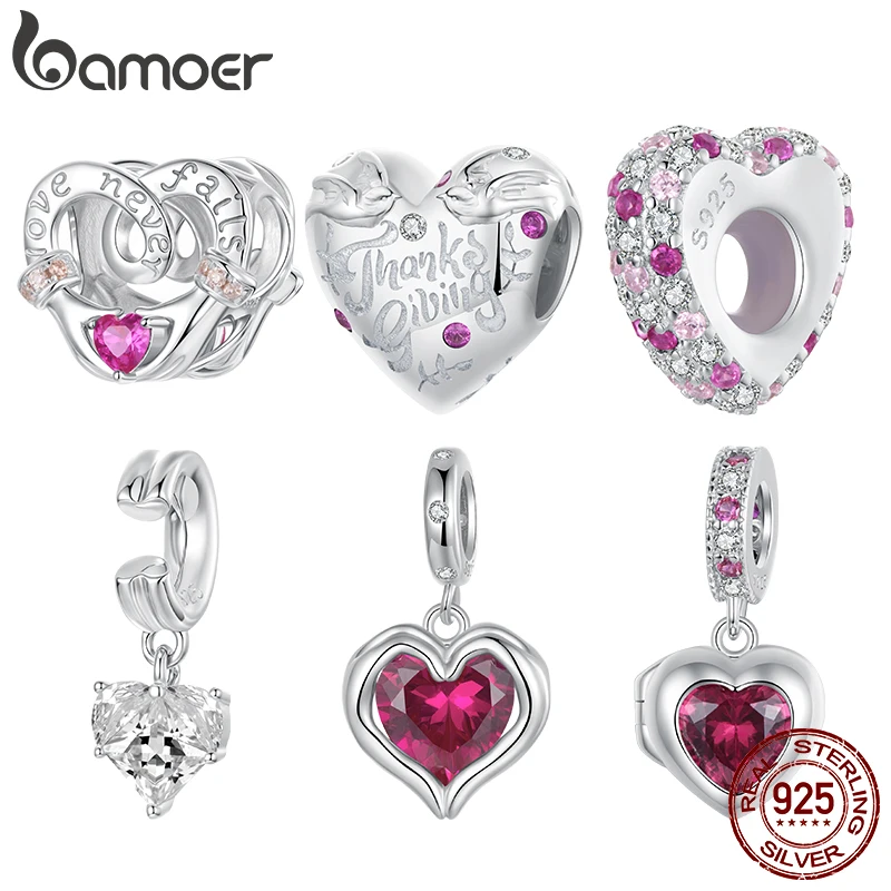 

Bamoer 925 Sterling Silver Love Heart Charms Pendant Zircon Heart Silicone Spacer Beads for Women Thanksgiving Jewelry Gifts