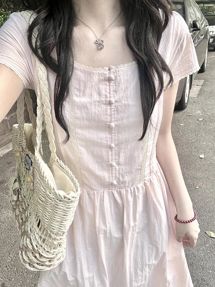 Różowa, słodka, koronkowa spódnica z efektem łączenia materiałów, damska, letnia, nowa kolekcja 2025, wyszczuplająca w talii, rozkloszowana, długa spódnica w stylu koreańskim, wykonana z poliestru...