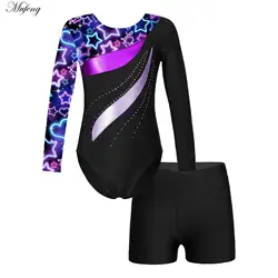 Adolescenti ragazze balletto danza Set abbronzante maniche lunghe ginnastica body e pantaloncini Outfit Sport Unitard Biketard Costume da palcoscenico