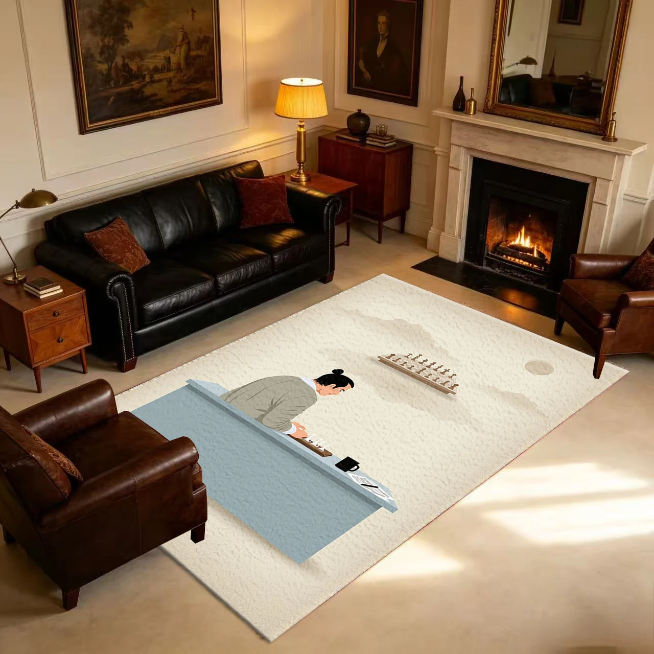 Oriental Ancient Chinese Chess Strategy Art Carpet Anti-Slip Cultural Illustration Floor Rug For Home Office Decor