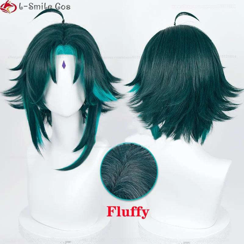 2 Stile Xiao Cosplay Perücke 40 cm kurze grüne Anime Perücken mit Aufklebern hitzebeständige Kunsthaar Halloween Party Perücke + Perückenkappe