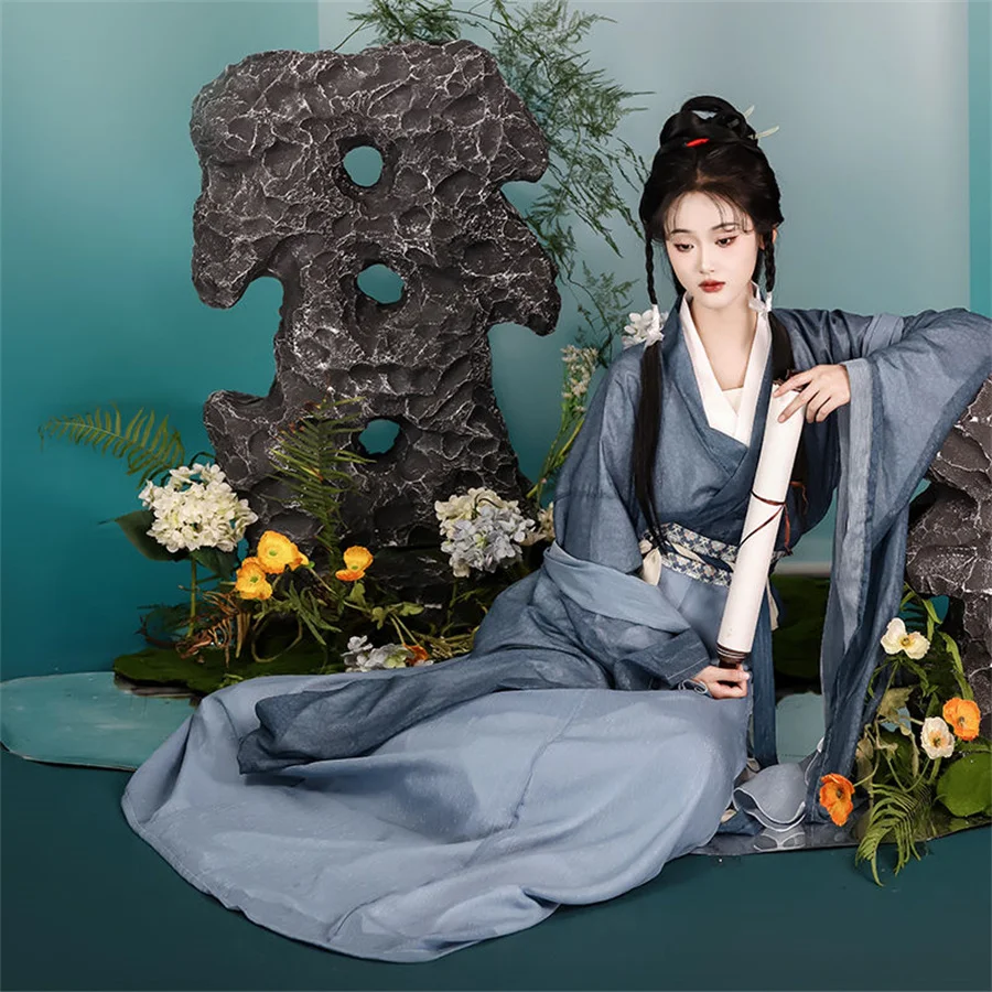 WeiJin Dynasty grey  Cross Collar Hanfu Dress Chinese Traditional Women's Clothing Retro Stage Cospaly Princess Dance Costumes