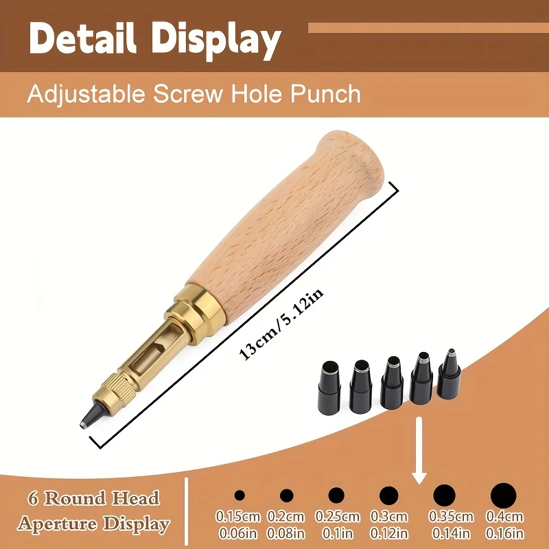 Japanese Style Leather Hole Punch Set Adjustable Screw Punch Tool 6 Tip Sizes with Wood Handle Bookbinding Paper Wood Crafting