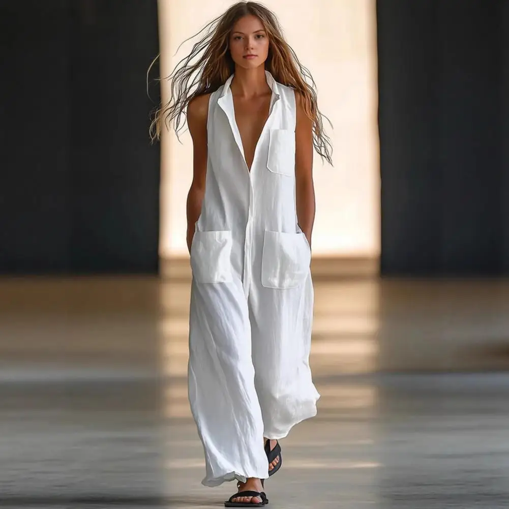 

Women's Wide Leg Jumpsuit Lapel V Neck Button Down Sleeveless Long Pants Romper Casual Summer One Piece Overall with Pockets