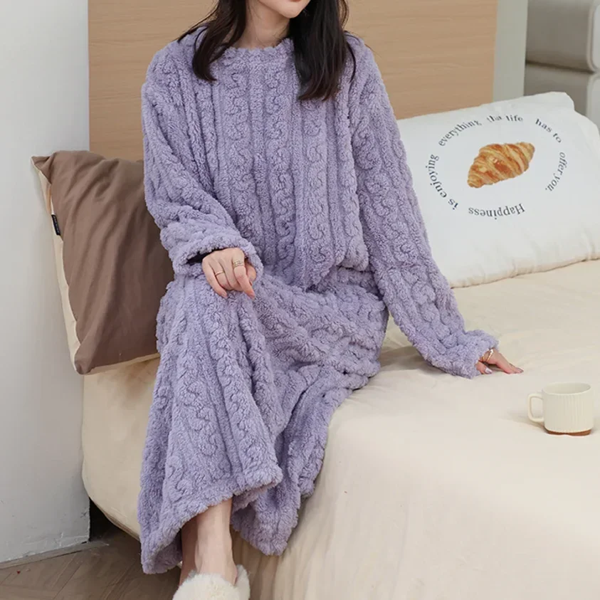 Oversize Pullover O-Neck Long Sleeve Dress Women's Winter Loose Warm Pajama Casual Thick Flannel Sleepwear Chic Sweet Homewear