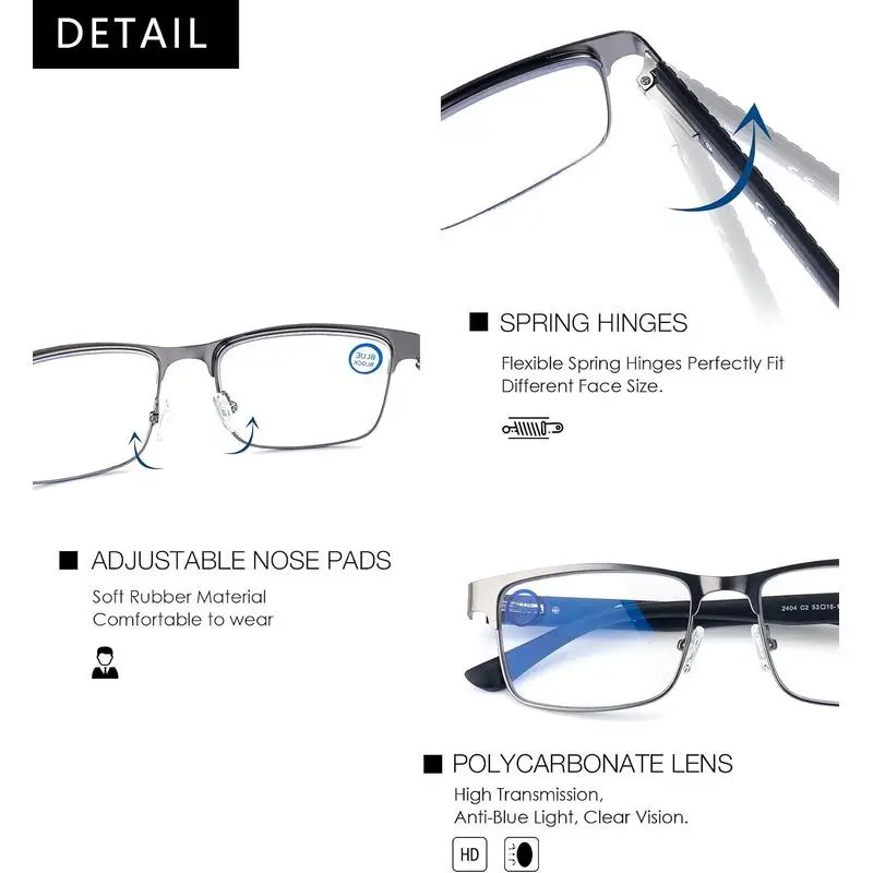 SKYOAK 2 Pack Premium Progressive Multifocal Reading Glasses for Men, Blue Light Blocking No-Line Computer Presbyopia Readers