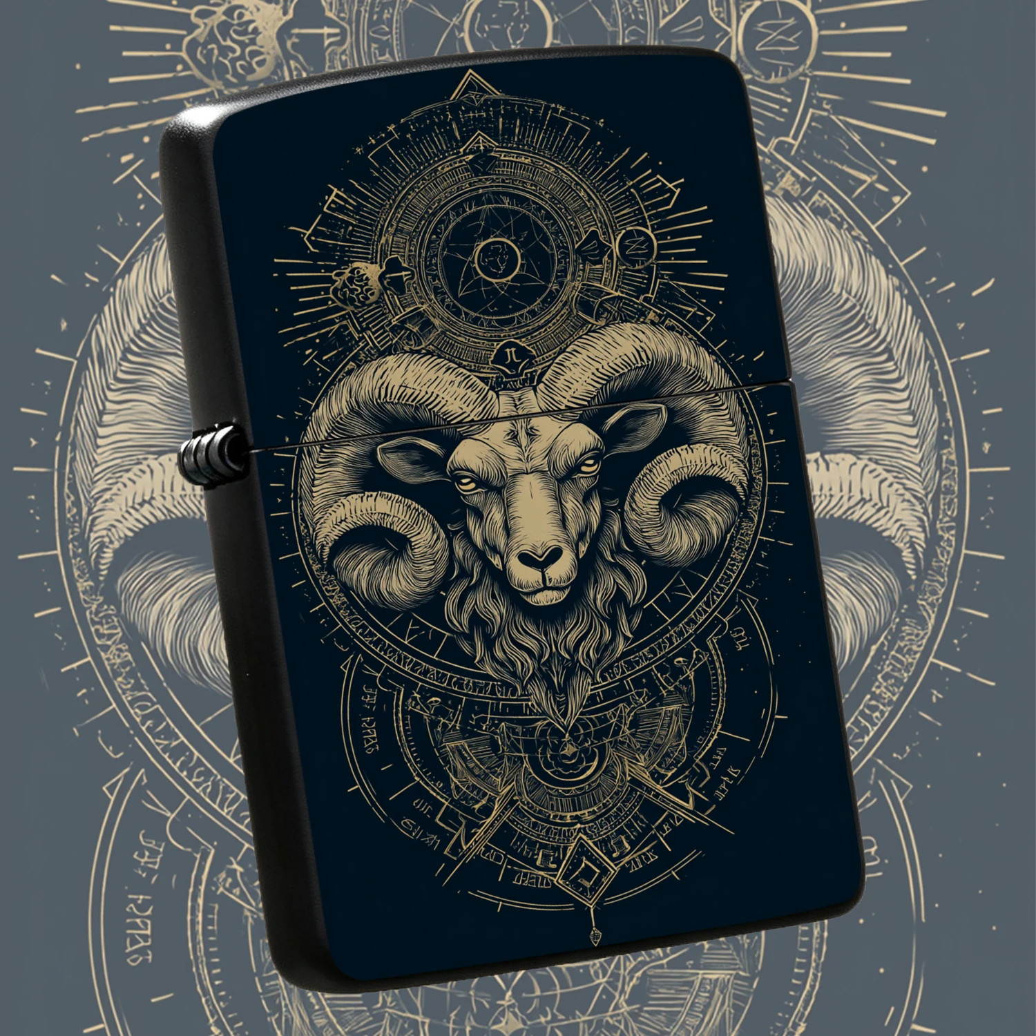 Vintage Etched Golden Aries Windproof Lighter Deep Navy Base with Exquisite Astrological Mystical Rune Decor Retro Print Style Hard Sturdy Body PORTABLE Igniter Ideal for Aries Zodiac Enthusiasts Gifting Men Exclusive Personalized Trendy