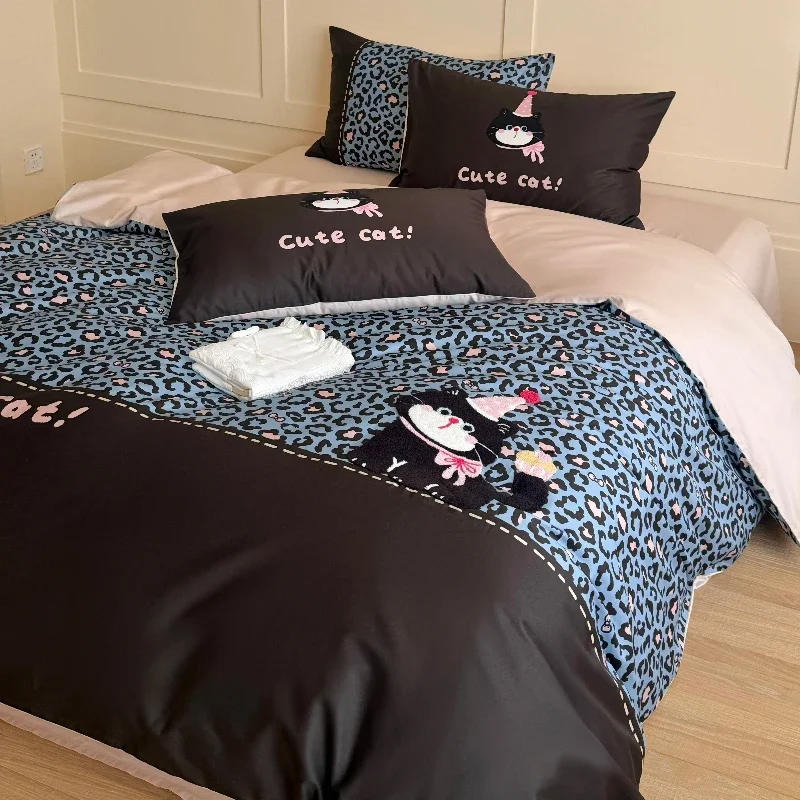 Bedroom Cartoon Girlish Heart All Cotton Pure Cotton Long Staple Cotton Four Piece Bedding Set Leopard Print Duvet Cover Bedding