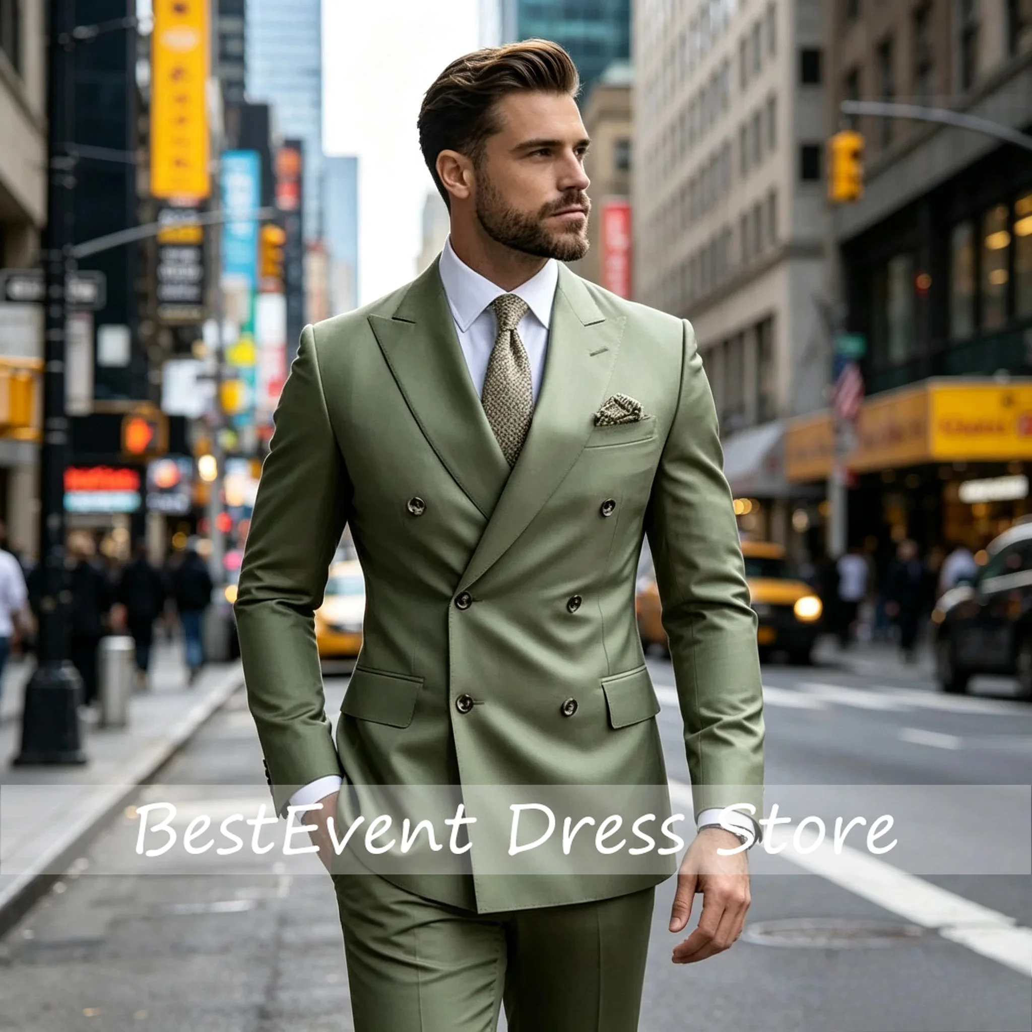 

Sage Green Men's Wedding Suits Solid Color 2 Piece Daily Double Breasted Blazer Pants Formal Business Suit Set Customized
