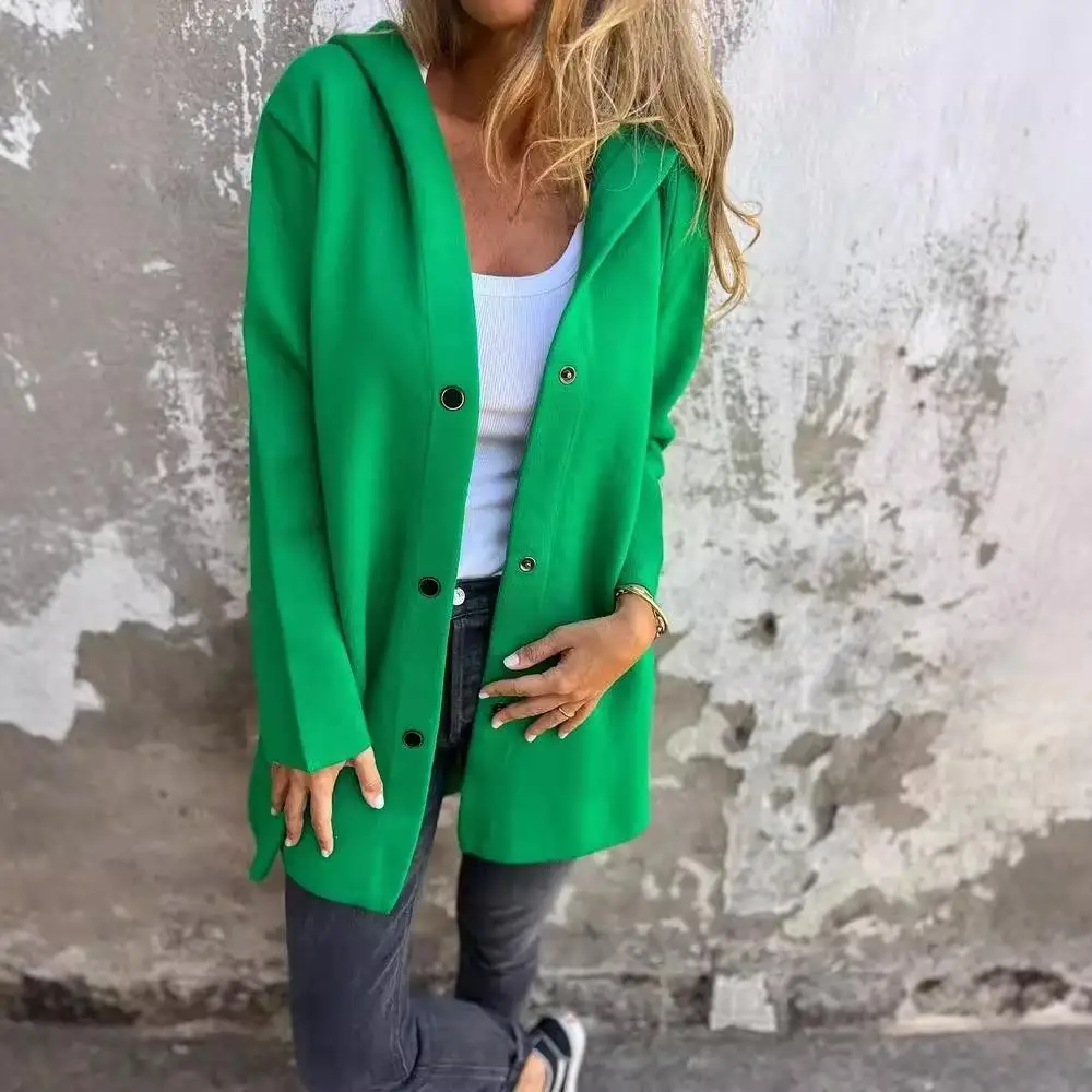 Casual Hooded Single-Button Jacket Pure Color Autumn Winter Independent Station Coat for Women Medium Thick Long Sleeve