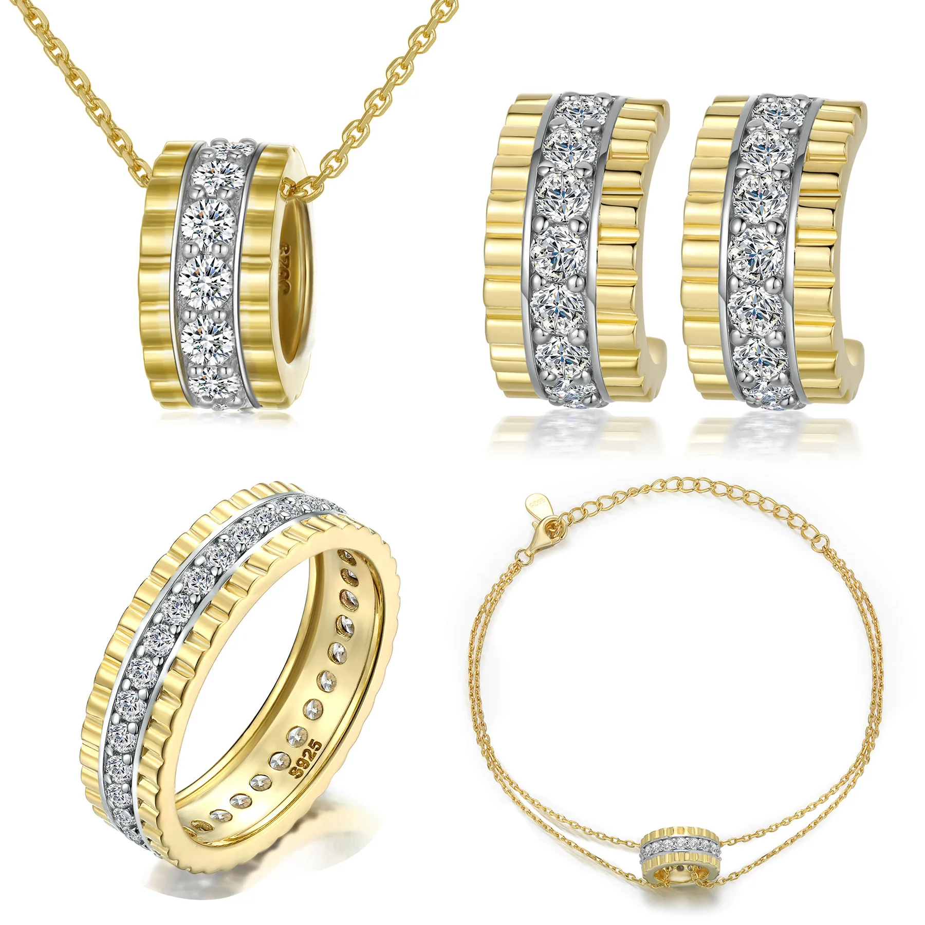 

S925 Pure Silver Plated 18K Gold PT950 Platinum Four Piece Set Starry Sky Ring Row Ring Pure Silver Bracelet Earnail Necklace