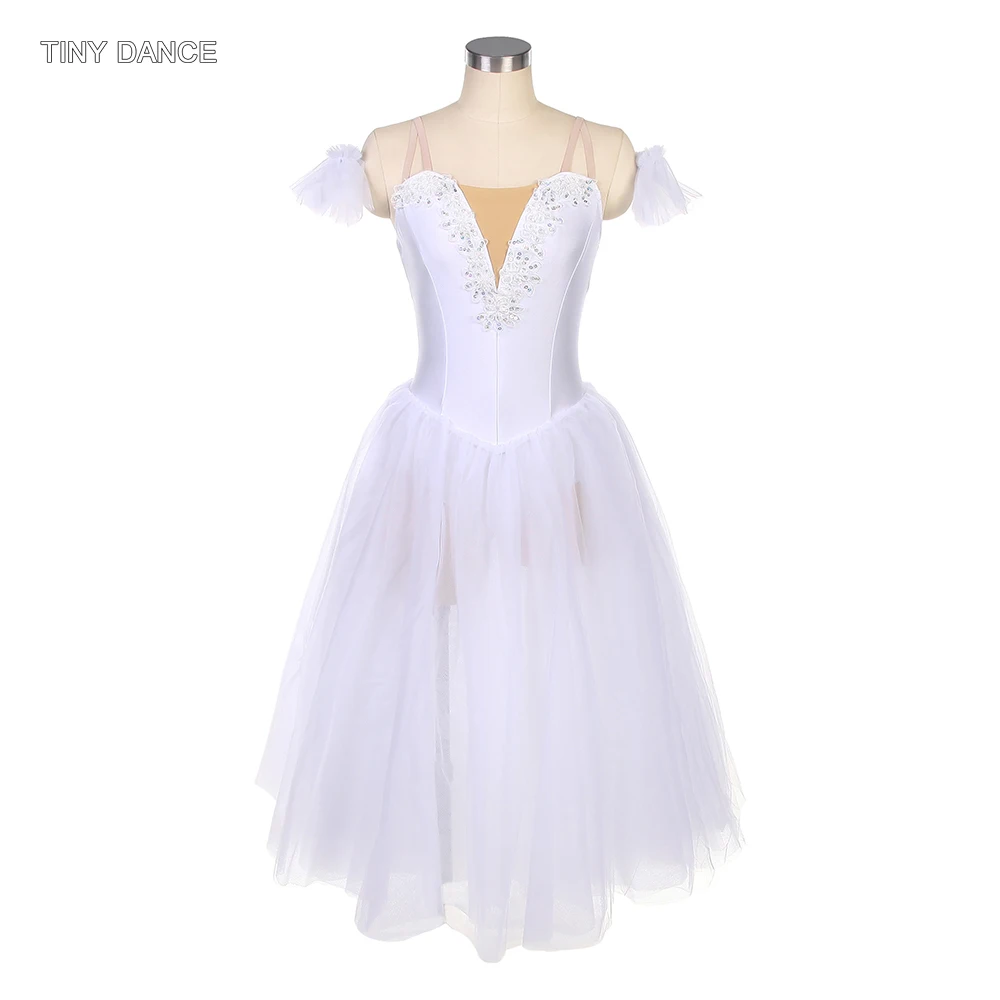 

White Spandex Bodice with Nude V Neck Ballet Dance Tutu with Wings Camisole Leotard Dress for Adult Girls Dance Wear 19835