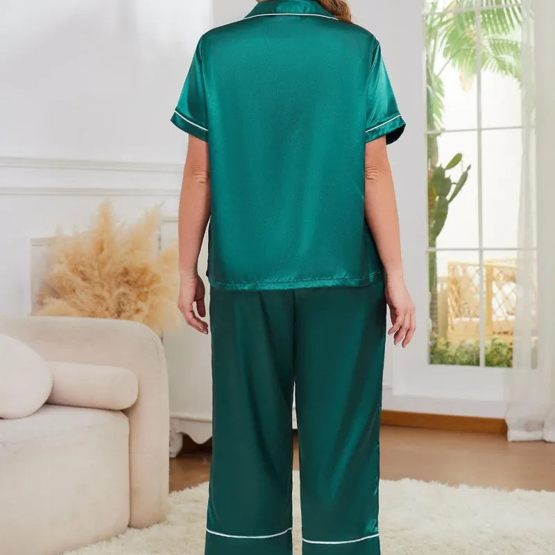 Damski letni komplet wypoczynkowy plus size, koszula i spodnie o dotyku satyny, 2-częściowy, oddychająca mieszanka modalu, piżama, modelująca, dla kobiet z pełnymi kształtami.