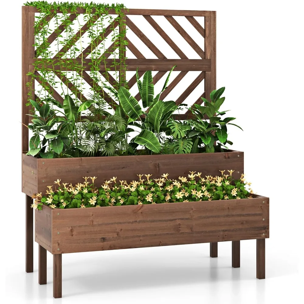 

Raised Garden Bed with Trellis & 2 Planter Boxes, 2-Tier Outdoor Wooden Elevated Planter Box with Legs & Drainage Holes, Gardeni