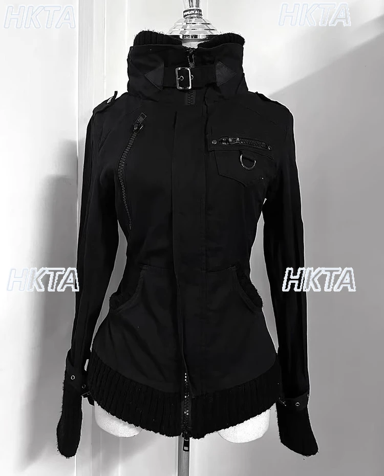 Dark Goth Y2k Retro Stand Up Collar Long Sleeved Waist Coats 2025 Autumn Winter New Slim Versatile Fashion Black Jacket Women