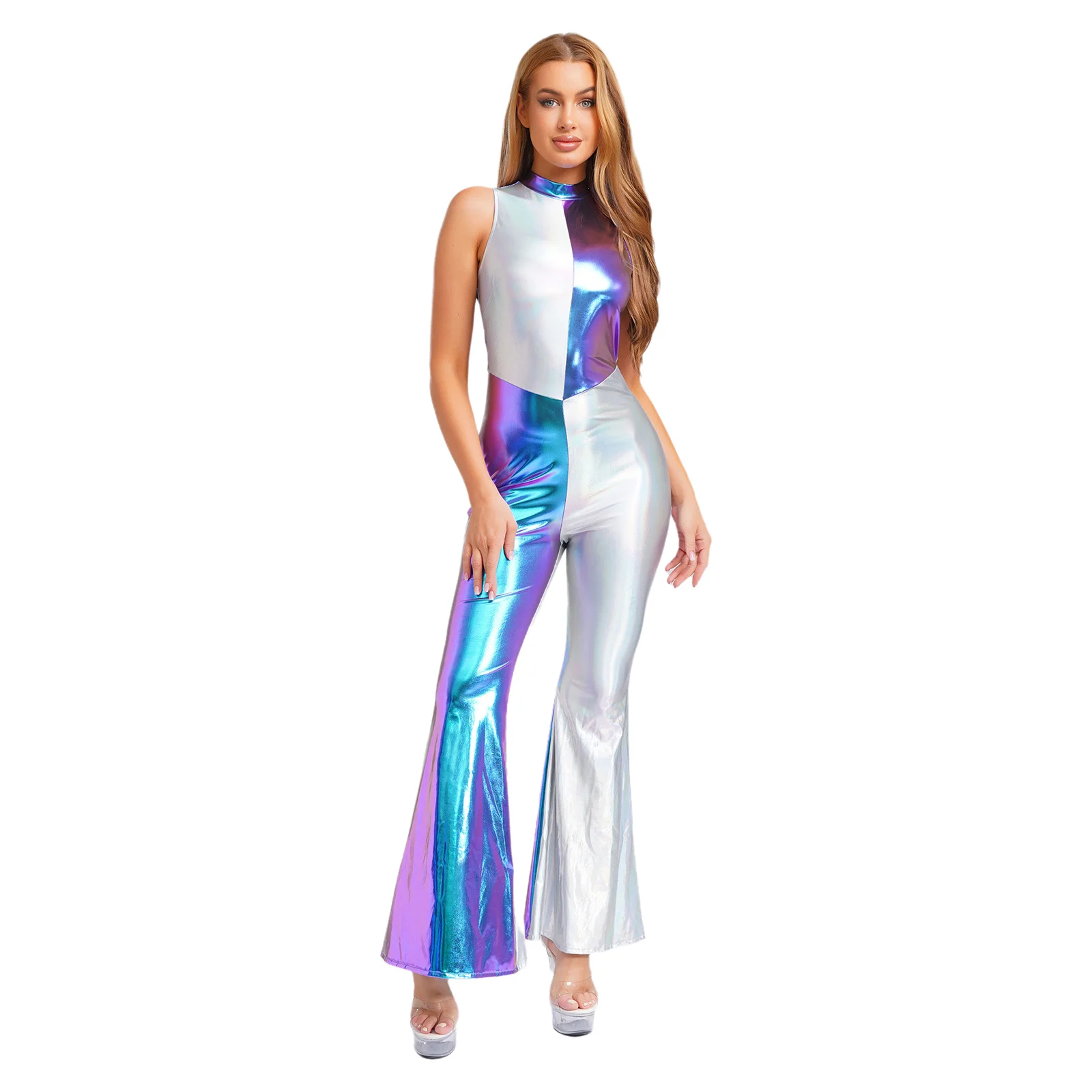 Mono con parte inferior acampanada y cremallera trasera para mujer, mono metálico brillante con cuello simulado, pantalones acampanados, mono, monos de discoteca de los años 70, ropa para discoteca