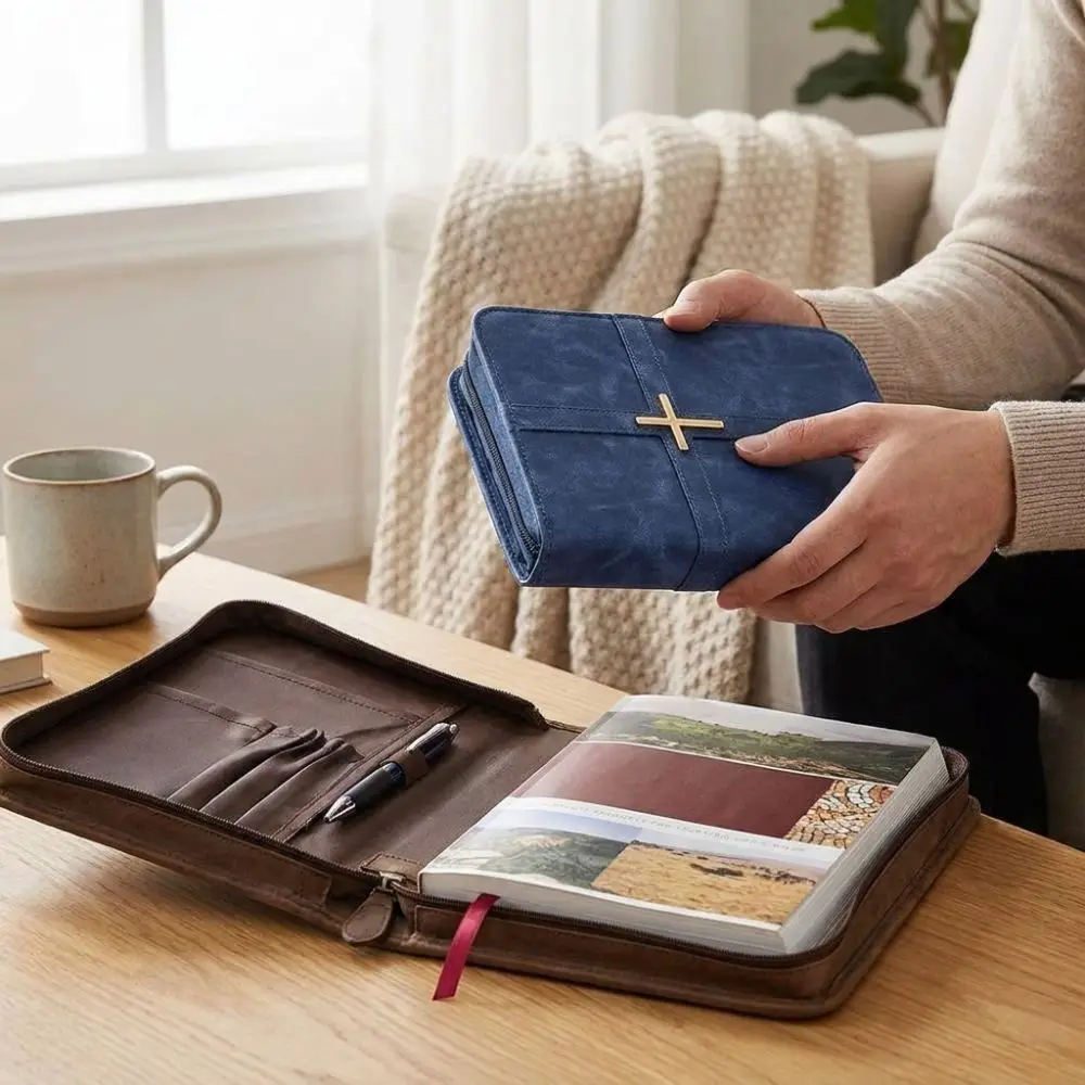 Cross-themed Vegan Leather Bible Cover Dust-proof Built-in Bookmark Ribbon Bible Carrying Case Religious Style Scratch Resistant