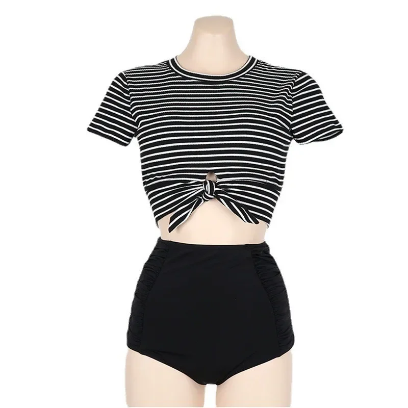 Sexy Short Sleeve Striped Bikini Top 2024 Women Swimsuit Female Swimwear High Waist Bikinis Set Korean Beach Wear Bathing Suit