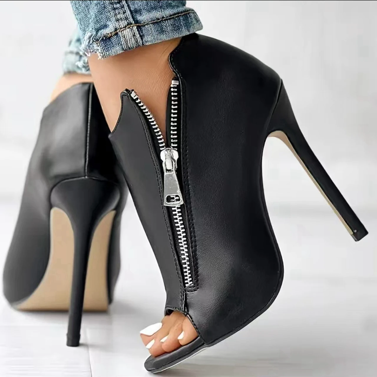

Peep Toe High Heels Zip-Front Closure Stiletto High-Heel Boots - Thin Heel Dress Boots with Upper & TPR Sole, Elegant for Party