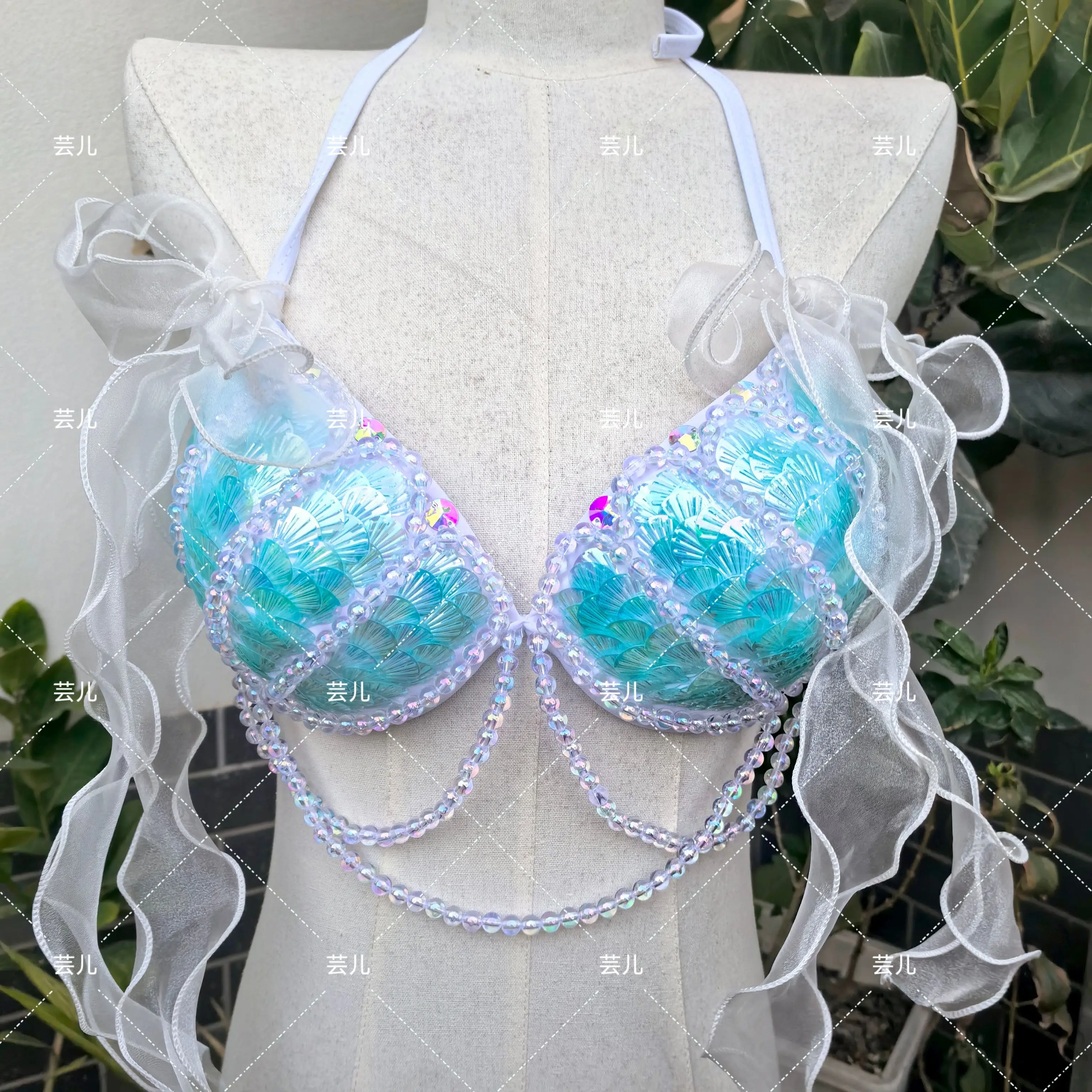 Bikini Mermaid Role Play Bra Aquarium Beach Corset Sequin Triangle Lace Up Bra Mermaid Performance Bra