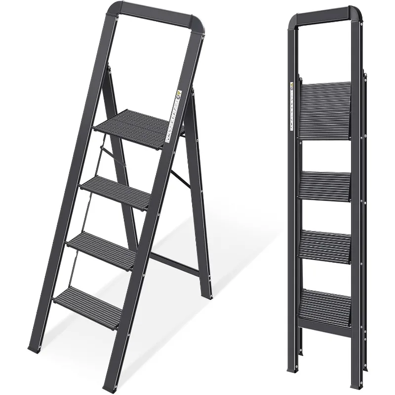 KINGRACK Aluminium 4 Step Ladder, Lightweight Step Stool with Non-Slip Pedals, Handrail,Foldable Step Ladder,Sturdy and Portable