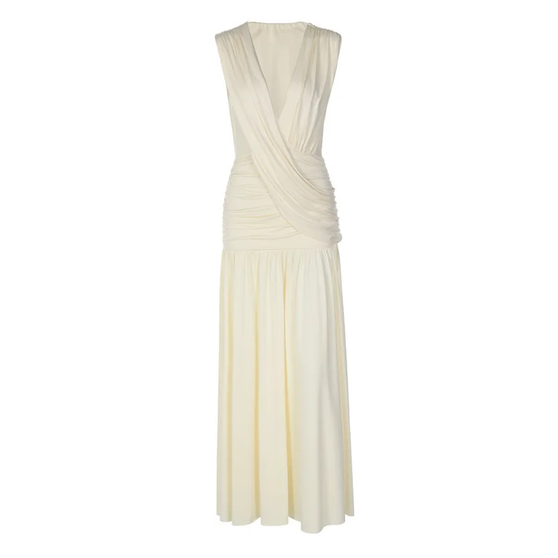 Mozision Elegant Deep V Neck Sexy Maxi Dress Women Fashion Sleeveless Draped Ruched Waist Bodycon Club Party Long Dresses Female