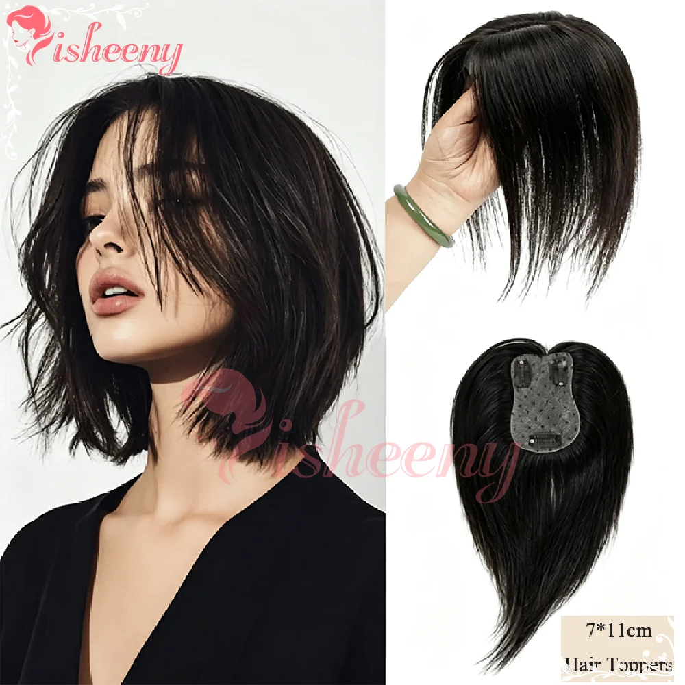 Isheeny Real Human Hair Topper 7×11cm Breathable Mesh Base, 360°Full‑Coverage Clip‑In Top Hair Piece, Free Part Scalp‑Like Base For Thinning Hair Grey Roots & Receding Hairline, Secure 3‑Clips Light‑Weight Hair Topper 10Inch
