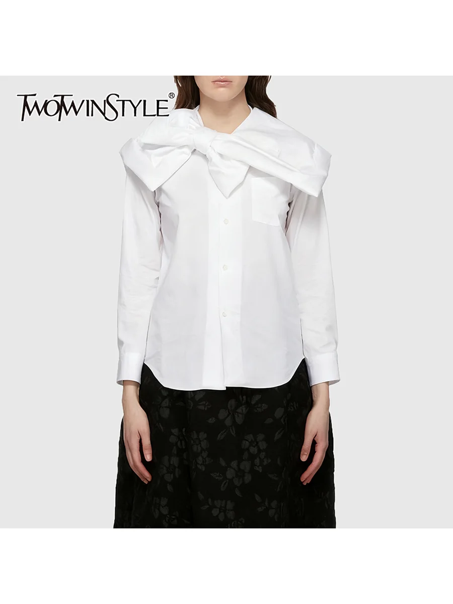 

TWOTWINSTYLE однотонные базовые рубашки с бантом для женщин, рубашка с круглым вырезом и длинными рукавами, лоскутная рубашка с карманами, женская одежда, новинка