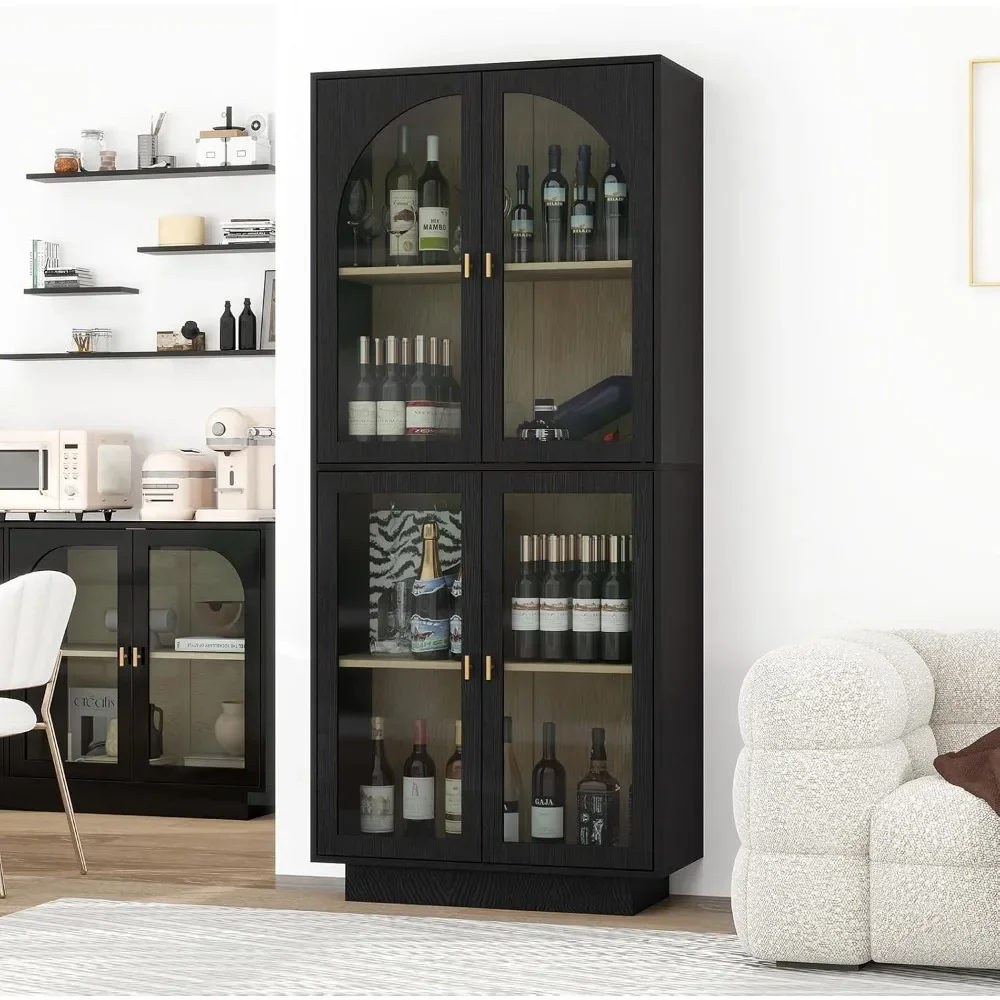 

71'' Kitchen Pantry Storage Cabinet with 4 Arch Glass Doors Pantry Furniture with Adjustable Shelf Freestanding Cupboard