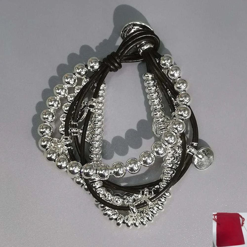 2026 Summer Daily Leisure Style Silver Multi layered Beaded Leather Rope Bracelet Jewelry Accessories Creative Gifts