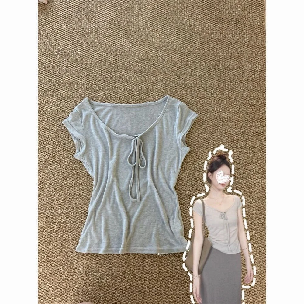 Korean Style V-Neck T-Shirt Women's Short Sleeve Belted Slim Fit Light Grey Summer New Fashion Inner Wear Layered Base Shirt ...