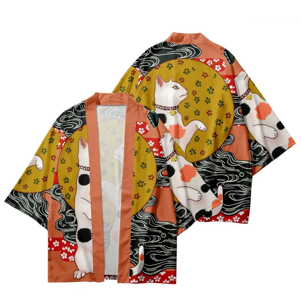 Fashion New Unisex Ukiyo-e Spotted Cat Haori Kimono Cardigan 1/2 Sleeve Open Front Yukata Trendy Street Harajuku Style Tops