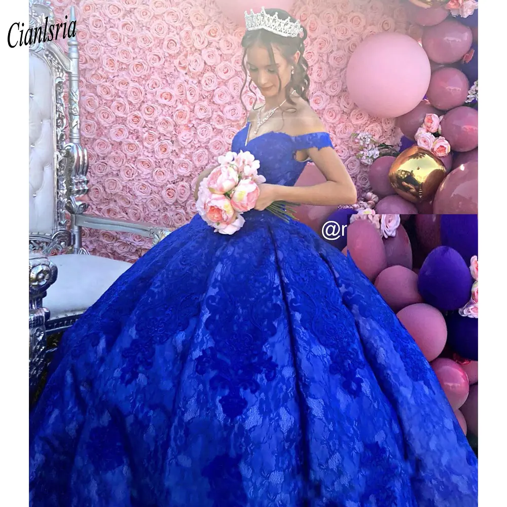 Vestido de fiesta de Quinceañera de encaje, sin mangas, con escote en forma de corazón, color azul real, 15