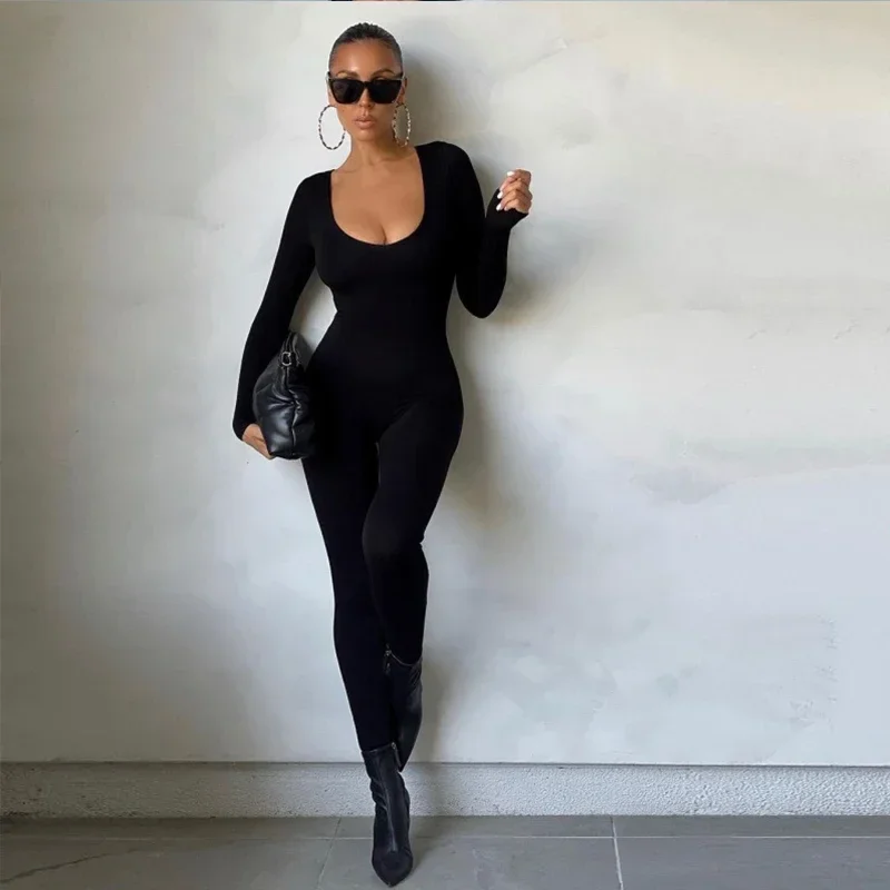 Sexy Overalls Frauen Herbst neue solide Langarm Bodycon schwarz Stram pler Mode Sport Streetwear lässig dünn insgesamt weiblich