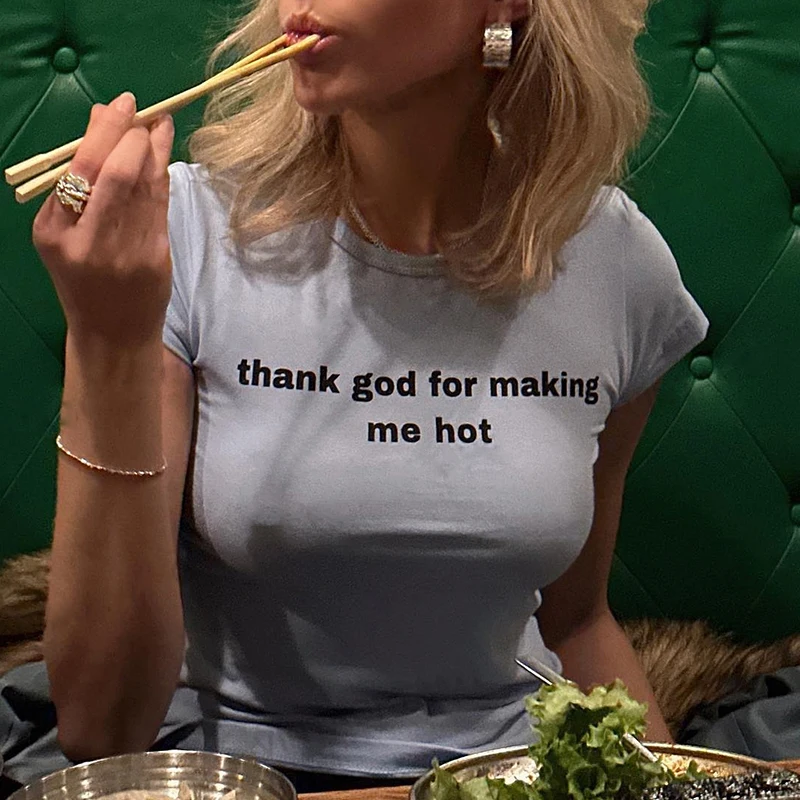 Women White T-Shirt Thank God for Making Me Hot Cropped Tops Casual Print T-Shirts Y2k Grunge Sexy Cute Baby Tee Harajuku