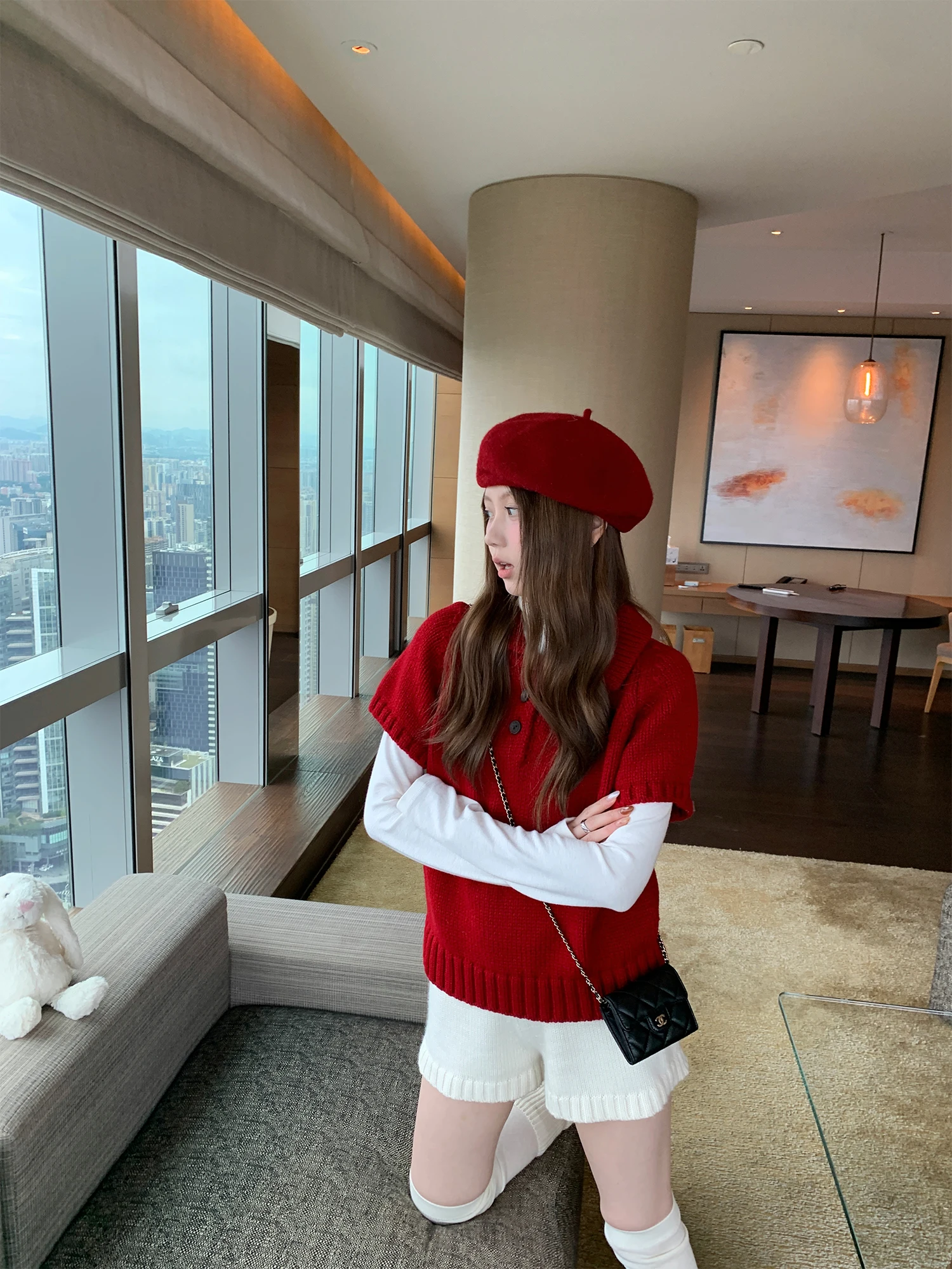 

Красный вязаный свитер с коротким рукавом в корейском стиле для девочек, повседневный свободный крой, на пуговицах, для создания новогодней атмосферы