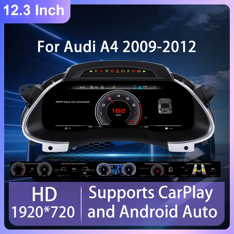 12.3 Inch LCD Digital Dashboard Virtual Cockpit Instrument Cluster For Audi A4 2009-2012 Wireless CarPlay Android Auto Speedometer Gauge Panel Car Modification Parts