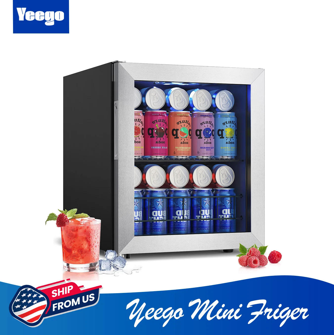 Yeego Stylish Beverage Cooler Refrigerator - 1.6 Cu.Ft Mini Fridge with Glass Door for 62-65 Cans, Ideal for Home Storage