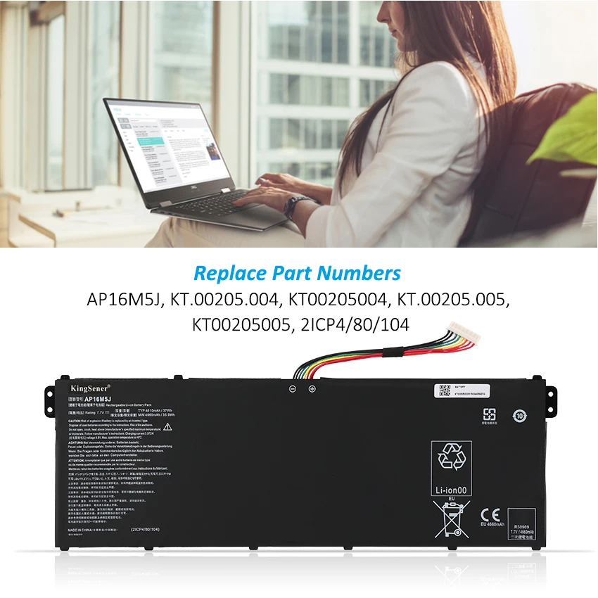 KingSener AP16M5J Laptop Battery Acer Aspire 1 for Aspire 3 A315-21 A315-51 ES1 A114 A315 KT.00205.004 7.7V 4810mAh 37WH